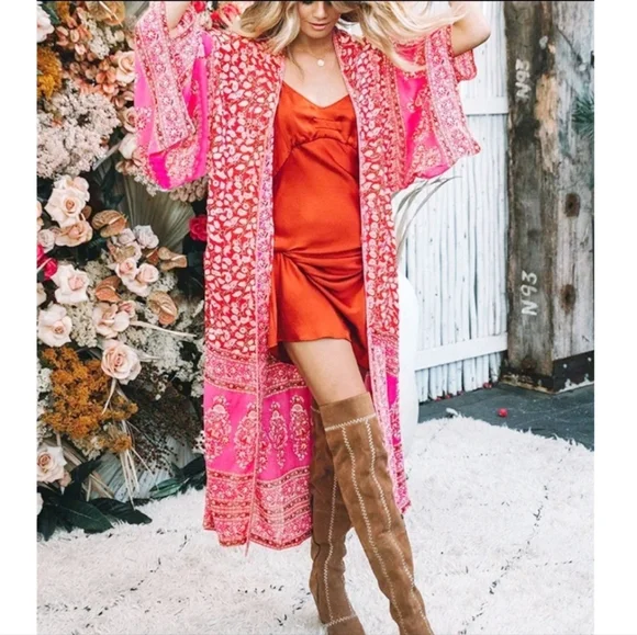 New Boho Peasant Floral Sheer Kimono Maxi Duster Jacket Cardigan Red Pink - Picture 3 of 11